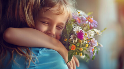 Obraz na płótnie Canvas A smiling toddler hugs a vibrant bouquet of mixed flowers.