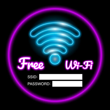 ree Wi-Fi sign, sticker and label with a glowing effect, featuring text space for the Free WiFi SSID and password. Vector.