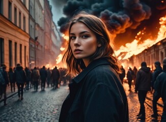 Girl stands in the background of the street protests - obrazy, fototapety, plakaty