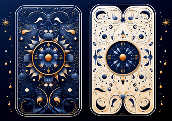 Celestial tarot card design featuring sun, clouds, and stars on white background