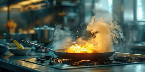 dynamic kitchen on the hiss and steam of a pan cooking on a gas stove