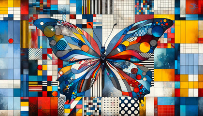 Vibrant Butterfly Mosaic with Colorful Abstract Patterns. Abstract Butterfly Mosaic with Checkered and Polka Dots Design.  4K Wallpaper, Cool Background