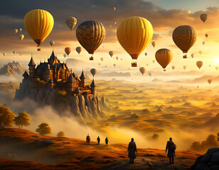 Hot air balloons in an old landscape at dawn