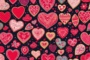 seamless background with hearts, Generative AI brings to life the adorable charm of heart-shaped Valentine's Day cookies, perfect treats for your sweetheart - obrazy, fototapety, plakaty