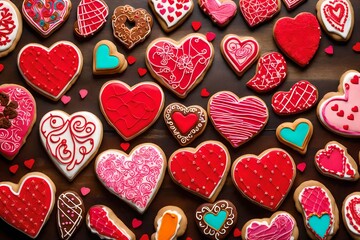background with hearts, Generative AI brings to life the adorable charm of heart-shaped Valentine's Day cookies, perfect treats for your sweetheart - obrazy, fototapety, plakaty