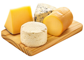 composição com queijo provolone, queijo gorgonzola, queijo parmesão e queijo branco fresco sobre tábua de madeira isolado em fundo transparente