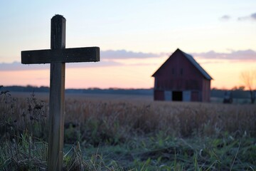 Rustic scene with a wooden cross silhouette against a barn or rural setting, highlighting tradition and heritage.