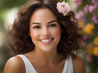 Portrait of beautiful latin woman in floral background.