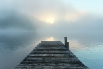 Fototapeta na wymiar Serene Lake Pier Peaceful Wooden Dock Extending into Misty Lake at Dawn, Digital Art Landscape