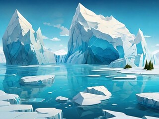 illustration of melting glaciers and icebergs, symbolizing the rapid retreat of polar ice due to rising temperatures.