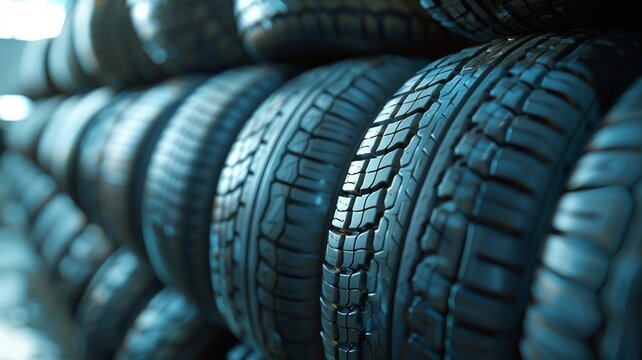 Automotive tire showcase with a blurred effect in a dimly lit industrial setting