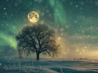 Majestic tree, snowflakes and moonlight, with northern lights backdrop, midshot clean sharp focus