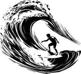 Surfing on a wave in the ocean. Surf rider on big waves. Surfer vector illustration design for t shirt print or club banner.