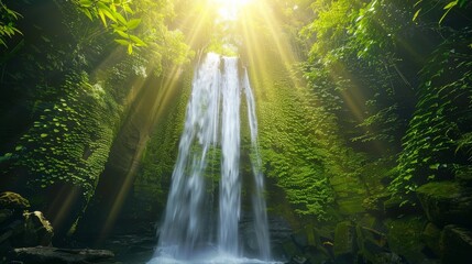 A majestic waterfall cascades down from the lush green canopy of Bali, forming an enchanting natural wonder in Earth's embrace., wide shot, full body, full length - obrazy, fototapety, plakaty
