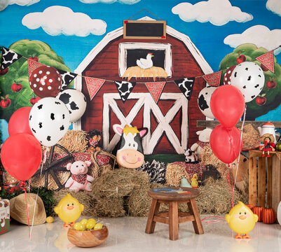 
barn and farm photo background with animals, cow, chickens, pig
