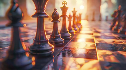 Sunset reflections over a chessboard setup signifying strategy and competition - obrazy, fototapety, plakaty
