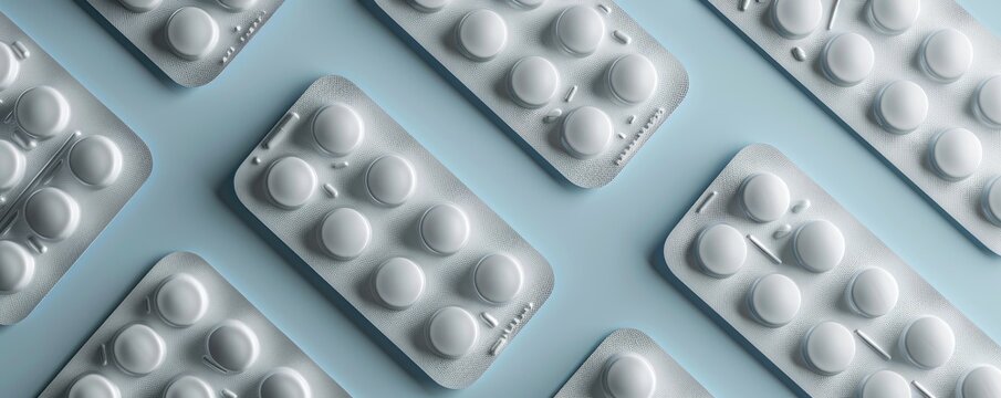 white tablets in a blister on a blue background. healthcare and pharmaceutical concept. top view.