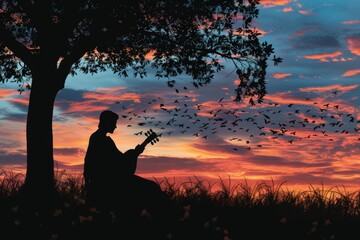 Silhouette of a Roman poet reciting verses under a tree, with a lyre in hand, at dusk.