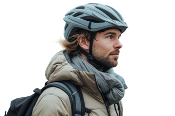 Side view of man wearing bicycle helmet on transparent background