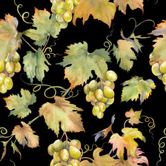 Seamless pattern with green grapes on black background. Hand painted watercolor illustration.
