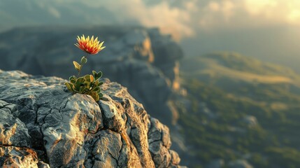 Witness the fragile wildflower boldly blossoming on a rugged mountain cliff, a fierce symbol of life amidst vast solitude.