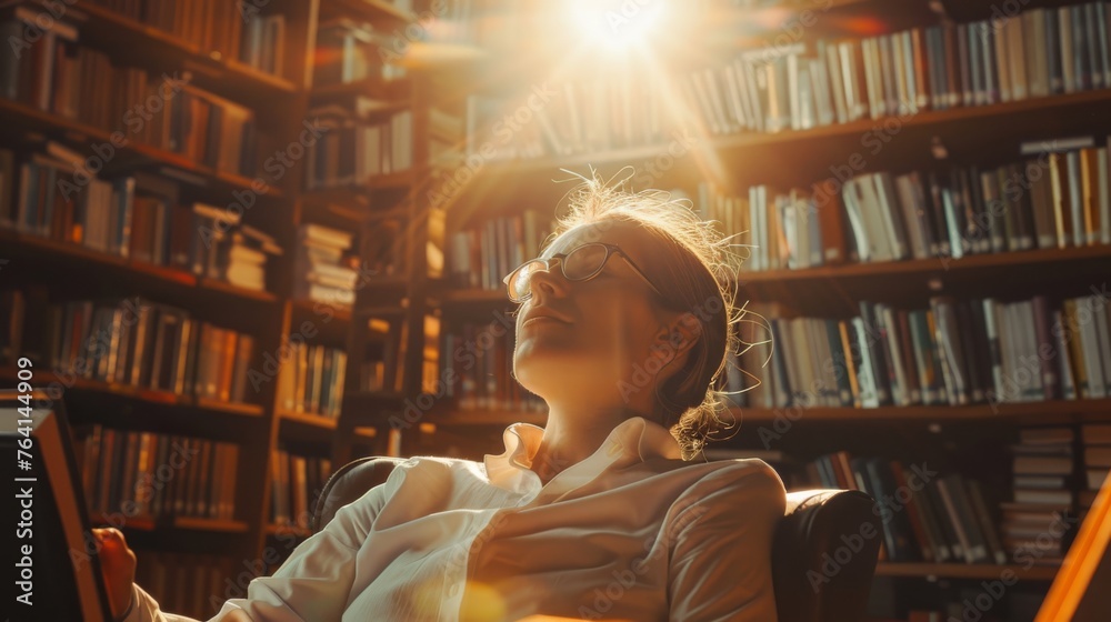 Poster a woman is seated in a chair positioned in front of a bookshelf. she appears focused, possibly readi