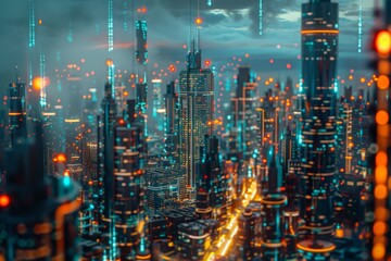 A futuristic metropolis governed by AI algorithms ensuring optimal resource distribution and social harmony - obrazy, fototapety, plakaty