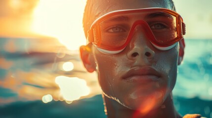A man is depicted wearing both regular goggles and swimming goggles in a realistic stock photo. He appears prepared for outdoor activities.