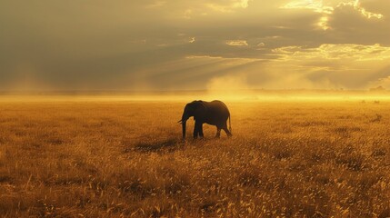 An elephant's solitary journey through the expansive African savannah symbolizes nature's majestic expanse and unbridled allure.