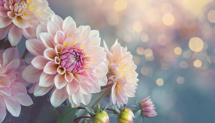 Fototapeta premium Blooming soft dahlia flowers. Spring season. Floral artistic concept. Selective focus. Natural banner