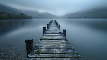 The narrow, deserted pier extends into the vast lake, beckoning one to embrace the tranquility and grandeur of nature's expanse. - obrazy, fototapety, plakaty