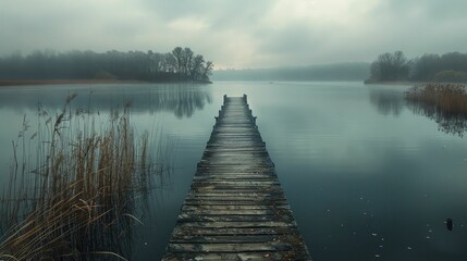 A lonely pier extends into a vast lake, beckoning you to immerse in the tranquility and grandeur of the natural expanse.