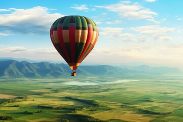 Aerial view of hot air balloon drifting above verdant fields with ample copy space