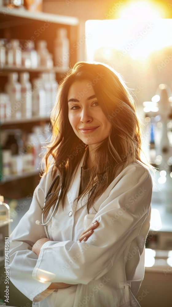 Poster A woman wearing a lab coat is standing in front of a counter, appearing focused and professional in a laboratory setting.