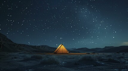 Bathed in starlight, the solitary tent glows against the expansive night sky, capturing the essence of human wonder in nature's boundless expanse.