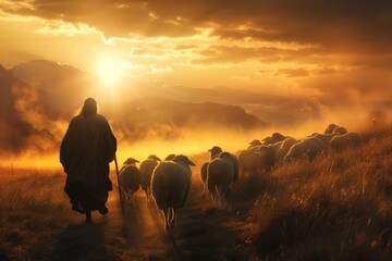 Silhouette of Jesus Christ as a shepherd, leading a flock of sheep through a valley at sunrise.