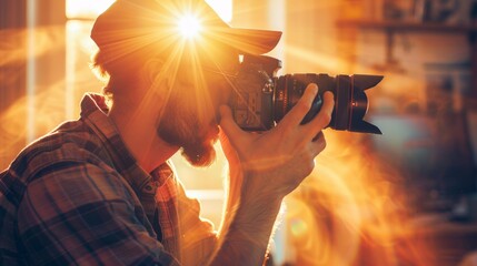 A man holding a camera up to his eye, framing a shot. He is adjusting the settings on the camera before clicking the button to take a picture. The background shows a general outdoor setting.