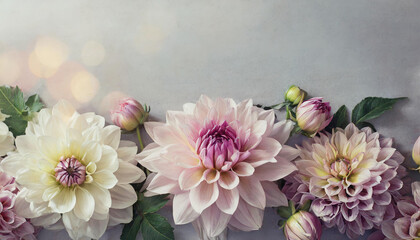 Blooming soft dahlia flowers. Spring season. Floral artistic concept. Selective focus. Natural banner