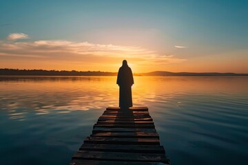 Silhouette of Jesus Christ at the edge of a dock, staring out at the sunrise over a calm lake.