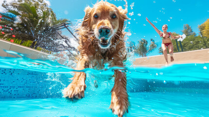 Labrador dog running jumping and swimming in the pool at hot summer day. Summer vacation. funny...