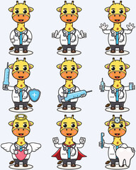 Vector Illustration of Cute Giraffe cartoon with Doctor costume. Set of cute Giraffe characters. Collection of funny little Giraffe.