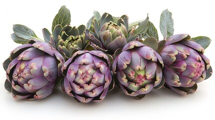 Fototapeta premium Delicately arranged artichokes, their green and purple hues striking against the white, showcasing the unique structure and texture of this thistle vegetable