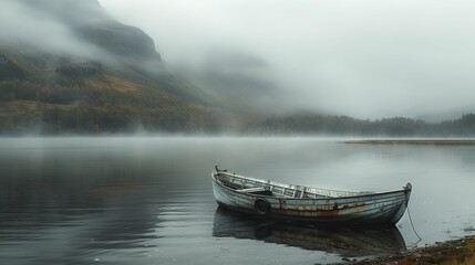 A solitary rowboat moored on the shores of a vast, fog-shrouded loch in Scotland, embodying the quiet and mystery of the natural world. - obrazy, fototapety, plakaty