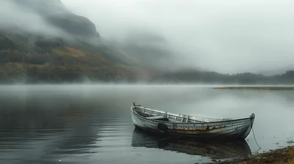 Foto op Plexiglas A solitary rowboat moored on the shores of a vast, fog-shrouded loch in Scotland, embodying the quiet and mystery of the natural world. © Kanisorn