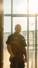 A man is standing in front of a large window, looking out into the distance. The window fills the frame, with the man in the foreground. Light streams in through the window, casting shadows across the