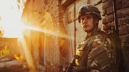A man in a military uniform stands in front of a brick wall. The sun is shining brightly, casting a warm glow on the scene. The man is in a contemplative or reflective mood - obrazy, fototapety, plakaty