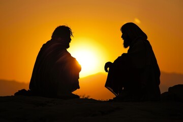 Silhouette of Jesus Christ in conversation with Nicodemus, symbolizing enlightenment and rebirth.