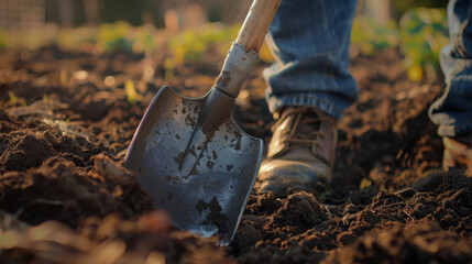 A shovel digs into rich soil with a person in boots standing by during a gardening session. - obrazy, fototapety, plakaty