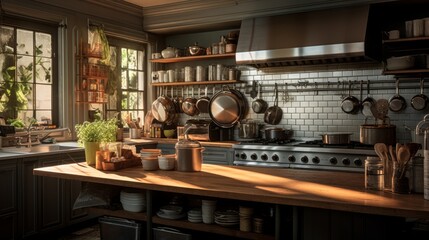 Fototapeta na wymiar Generative AI An intricately detailed image of a high-end industrial-style kitchen with exposed brick walls and industrial lighting