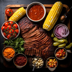 texas bbq with corn on the cobb, top view created with Generative Ai